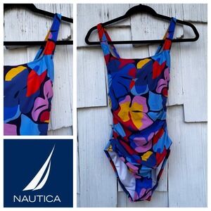 Nautica One Piece Swimsuit Abstract Floral Print Ruched Side Women Medium